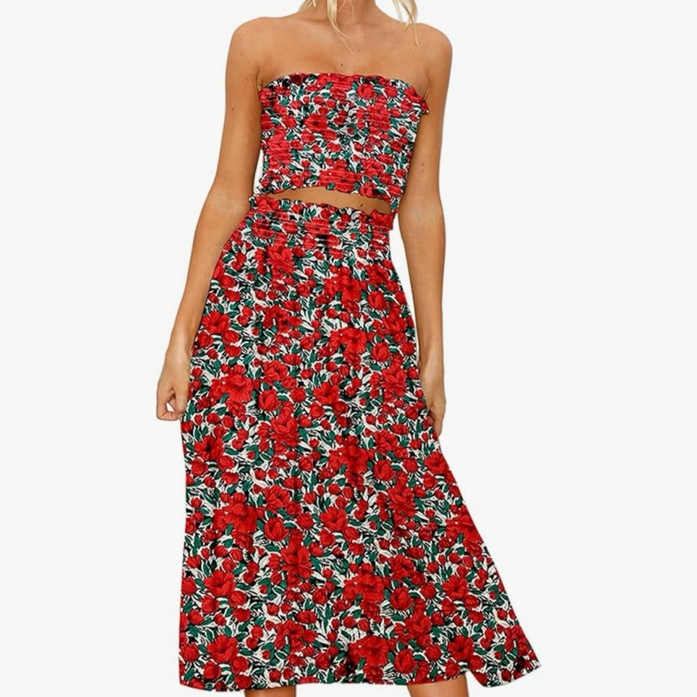 Floral Crop Top Maxi Skirts Set 2 Piece Outfit